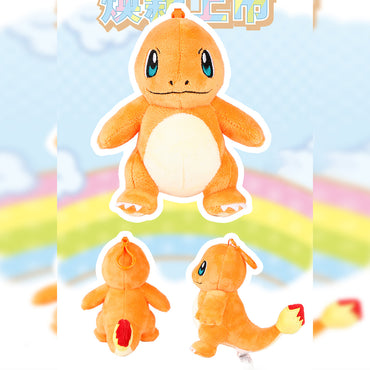 Front, side, and back views of the Pokemon Plush Charmander Keychain 10.5cm. Features a soft plush design with an orange clip for easy attachment.