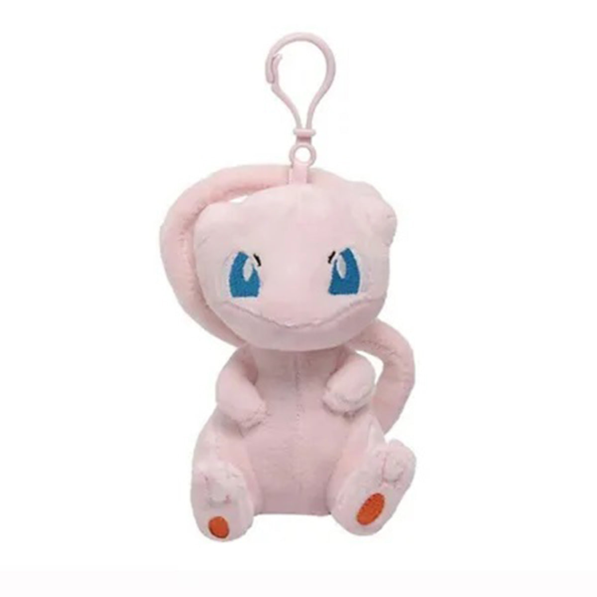 Pokemon Plush Mew Keychain 12cm with a soft pink design, blue eyes, and a plastic clip for easy attachment. Perfect collectible for fans and bags.