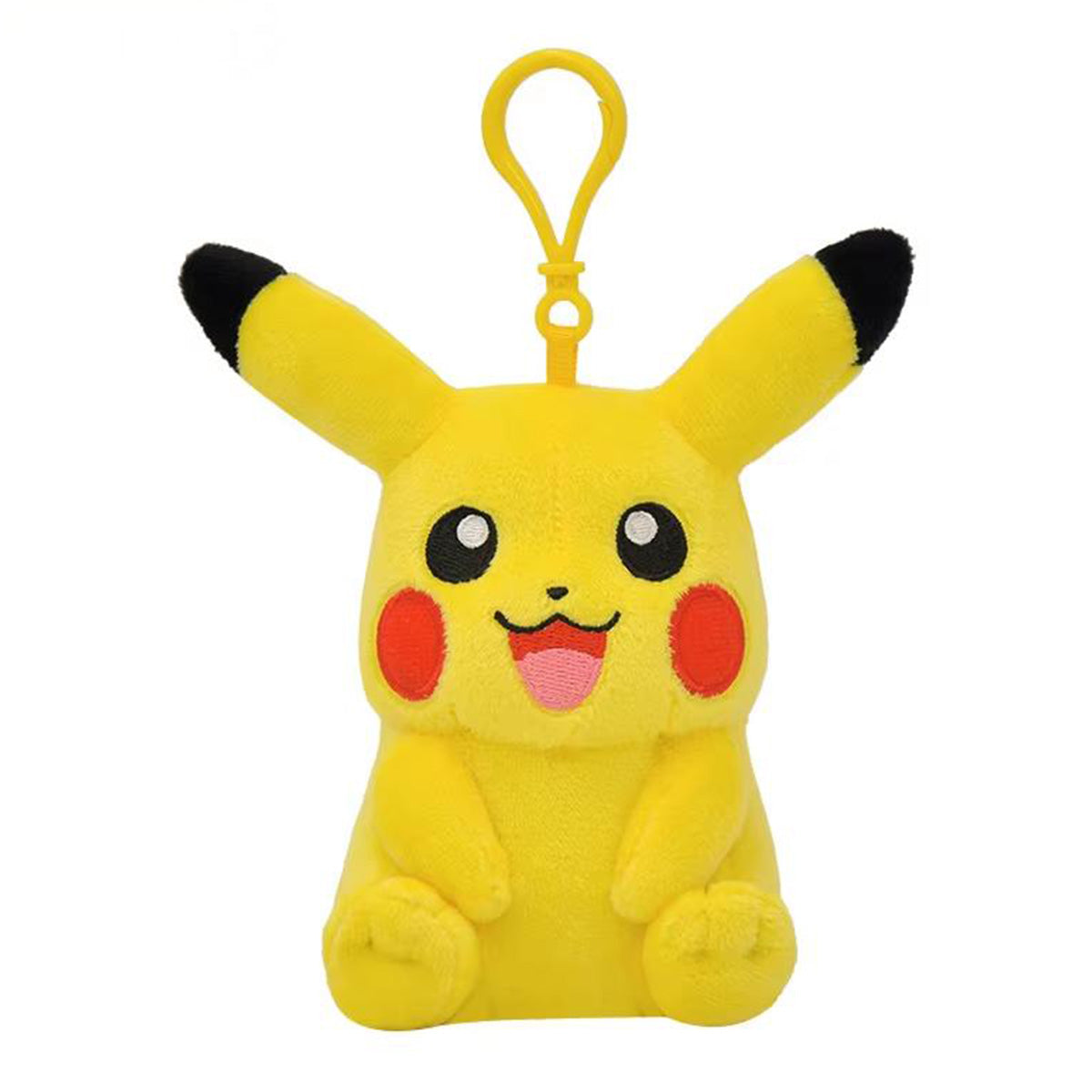 Pokemon Plush Pikachu Keychain 13cm with a happy expression and yellow clip. Soft and adorable, perfect for Pokémon fans and collectors.