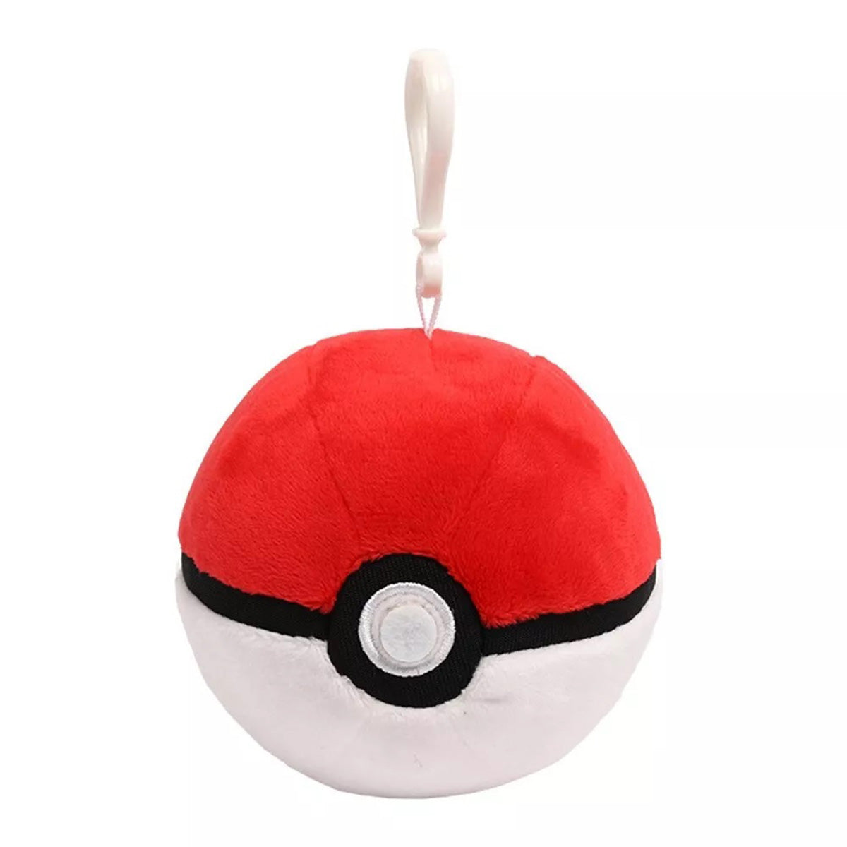 Soft Pokemon Plush Pokeball Keychain (10cm) with a red and white design, featuring a plastic clip for easy attachment. Perfect for Pokémon fans.