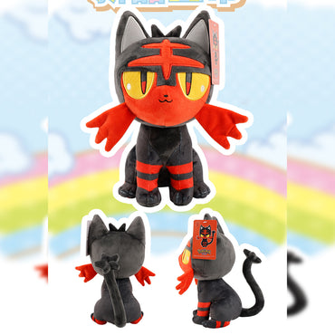 Front, back, and side views of the Pokemon Stuffed Plush Toys Litten 23cm. This soft plush showcases Litten’s signature fiery design with high-quality stitching.