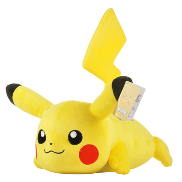 Side view of Pokemon Stuffed Plush Toys Lying Pikachu 40cm, showcasing its adorable expression, plush texture, and signature lightning bolt tail.