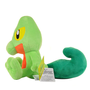 Side view of the Pokemon Treecko Plush Toy 25cm, showcasing its vibrant green color, curled tail, and high-quality stitching for durability.