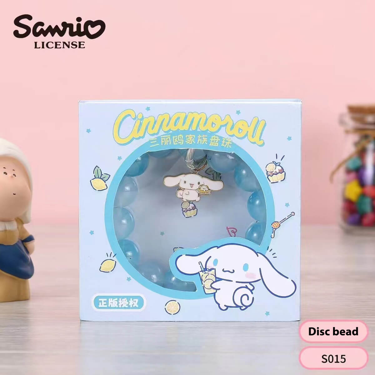 S015 Sanrio Cute Anime Beaded Bracelet featuring Cinnamoroll in a blue-themed packaging with adorable character charm and elegant beads.