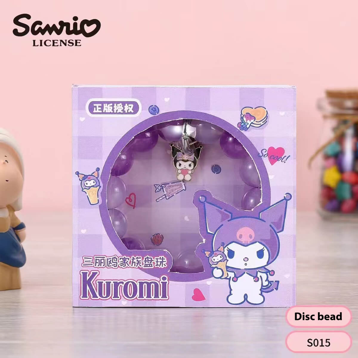 S015 Sanrio Cute Anime Beaded Bracelet featuring Kuromi in a purple-themed packaging with a cute character charm and glossy beads.