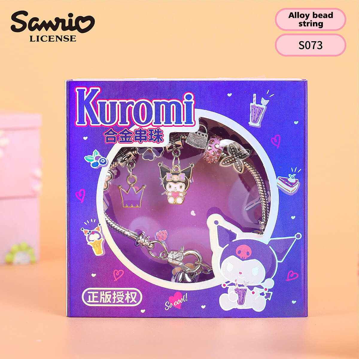 S073 Sanrio Cute Anime Alloy Charm Bracelet featuring Kuromi in a purple gift box. Trendy and cute bracelet with high-quality metal charms.