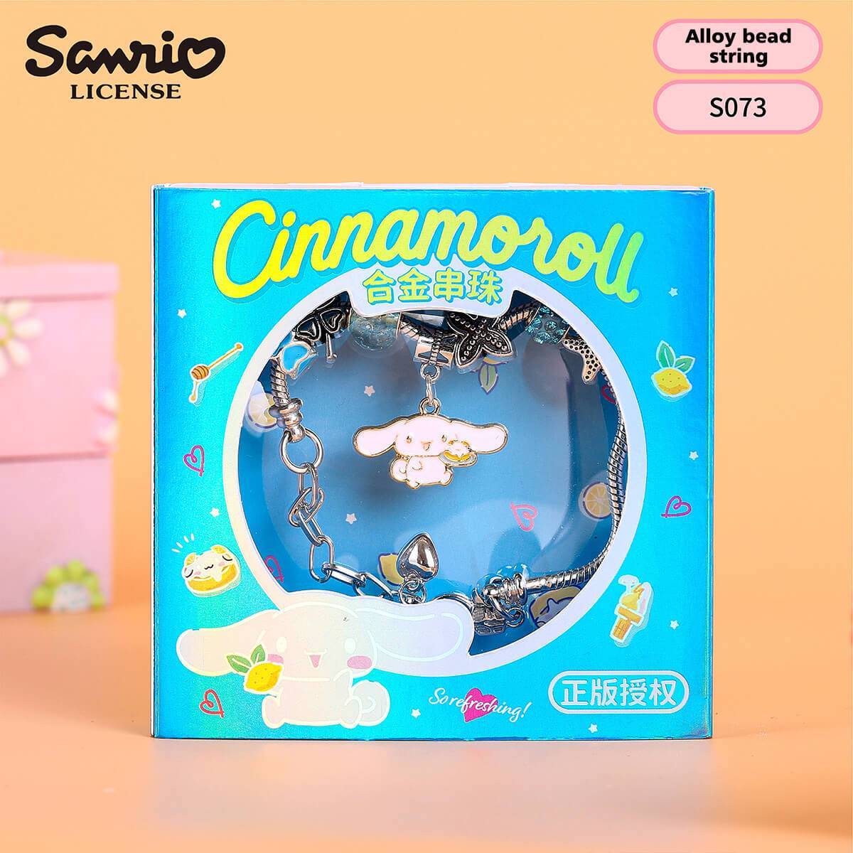 S073 Sanrio Cute Anime Alloy Charm Bracelet featuring Cinnamoroll in a blue gift box. Adorable design with high-quality alloy beads.