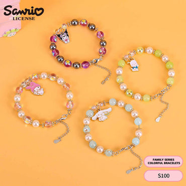 Set of four S100 Sanrio colorful bead bracelets featuring My Melody, Kuromi, Pochacco, and Cinnamoroll charms. Fun and stylish jewelry for kids.