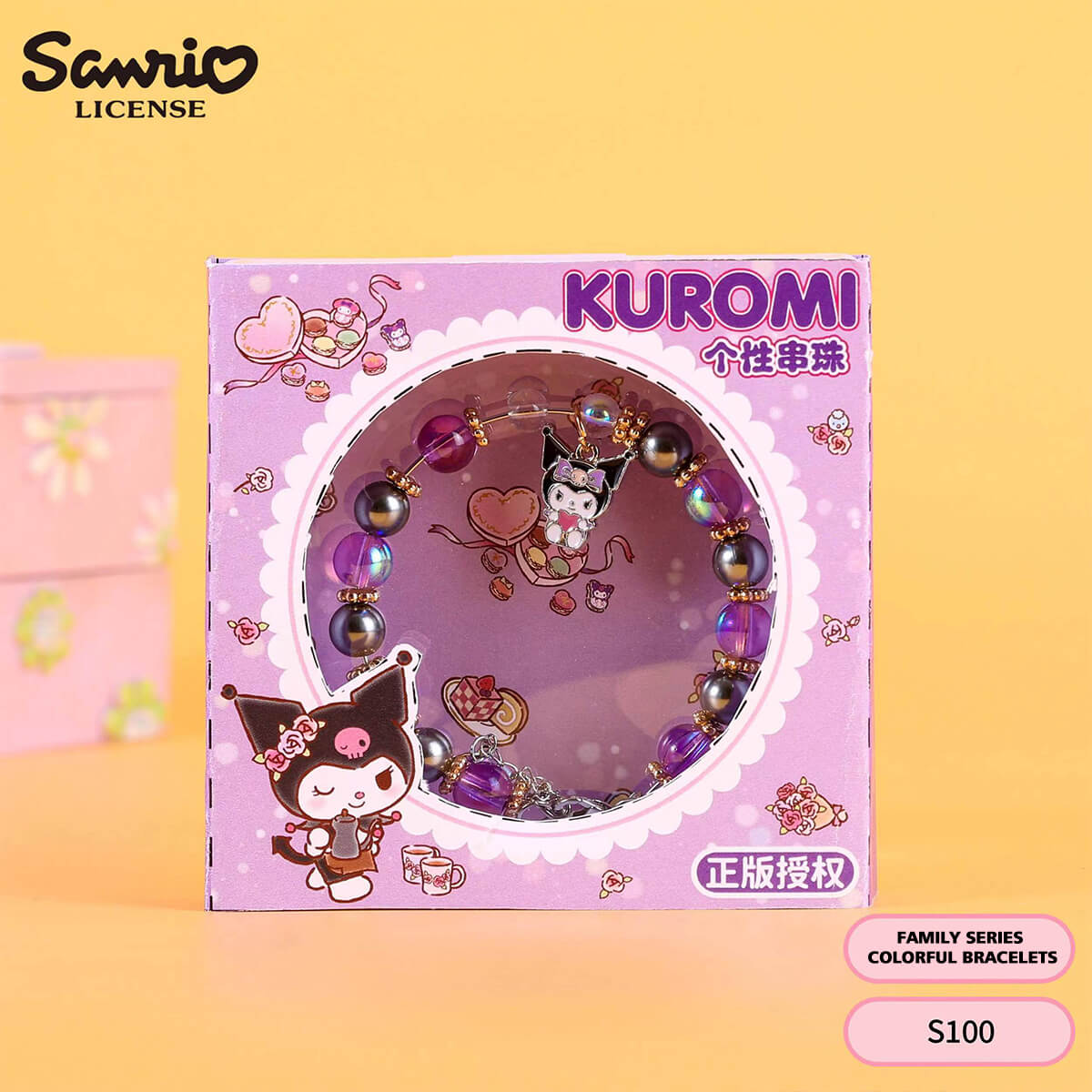 S100 Sanrio Kuromi colorful bead bracelet in purple packaging with adorable anime charm. A trendy and playful jewelry piece for kids at HugmieToys.