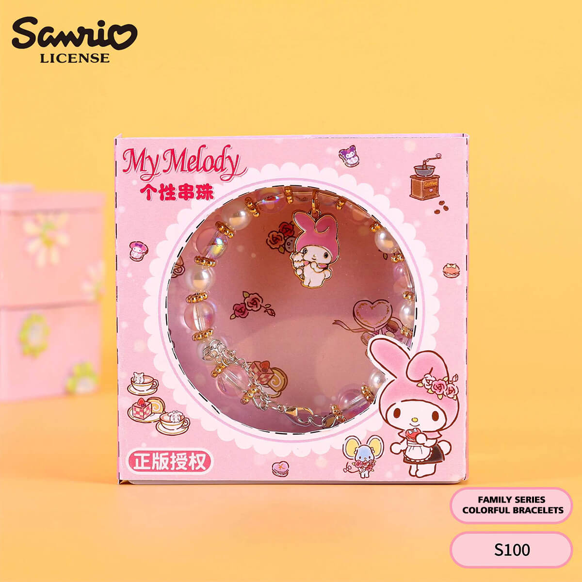 S100 Sanrio My Melody colorful bead bracelet in pink packaging with cute anime charm, perfect for kids' jewelry collection. Available at HugmieToys.