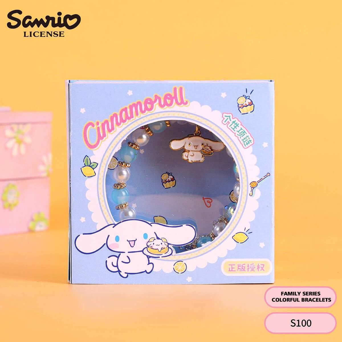 S100 Sanrio Cinnamoroll colorful bead bracelet in blue packaging with adorable anime charm. A perfect beaded jewelry gift for kids at HugmieToys.