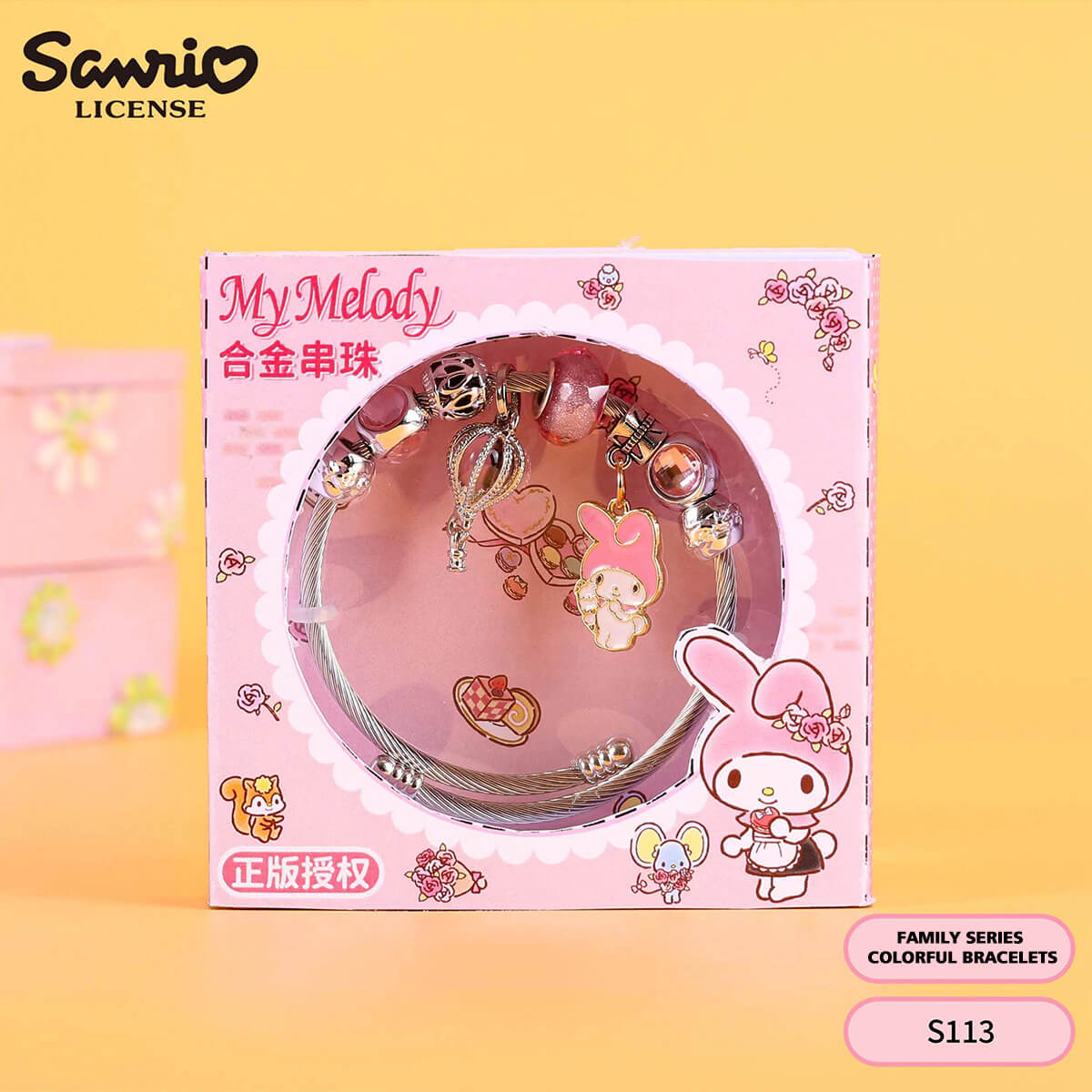 S113 Sanrio Cute Anime Alloy Charm Bracelet with My Melody design in a pink decorative box. A cute and stylish accessory for girls and collectors.