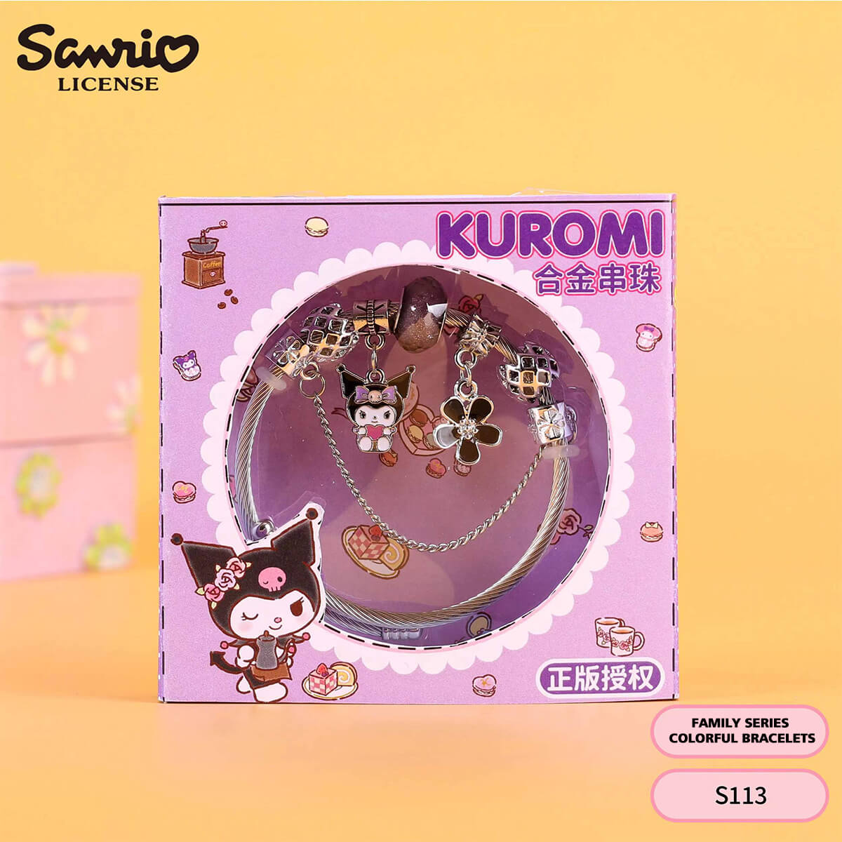 S113 Sanrio Cute Anime Alloy Charm Bracelet featuring Kuromi design in a decorative gift box. A stylish accessory for anime lovers and collectors.