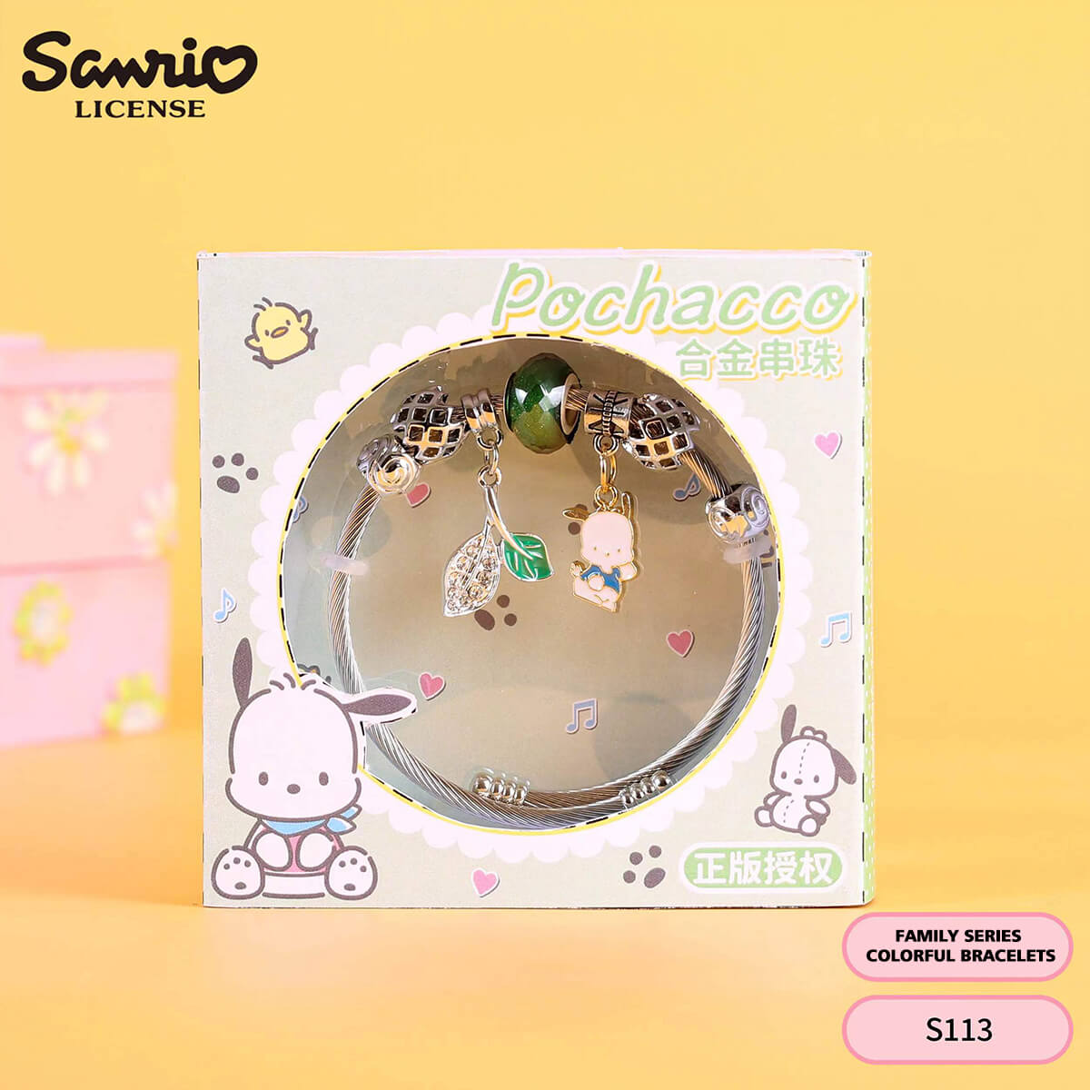 S113 Sanrio Cute Anime Alloy Charm Bracelet with Pochacco design in a themed gift box. A charming jewelry piece for Sanrio fans.