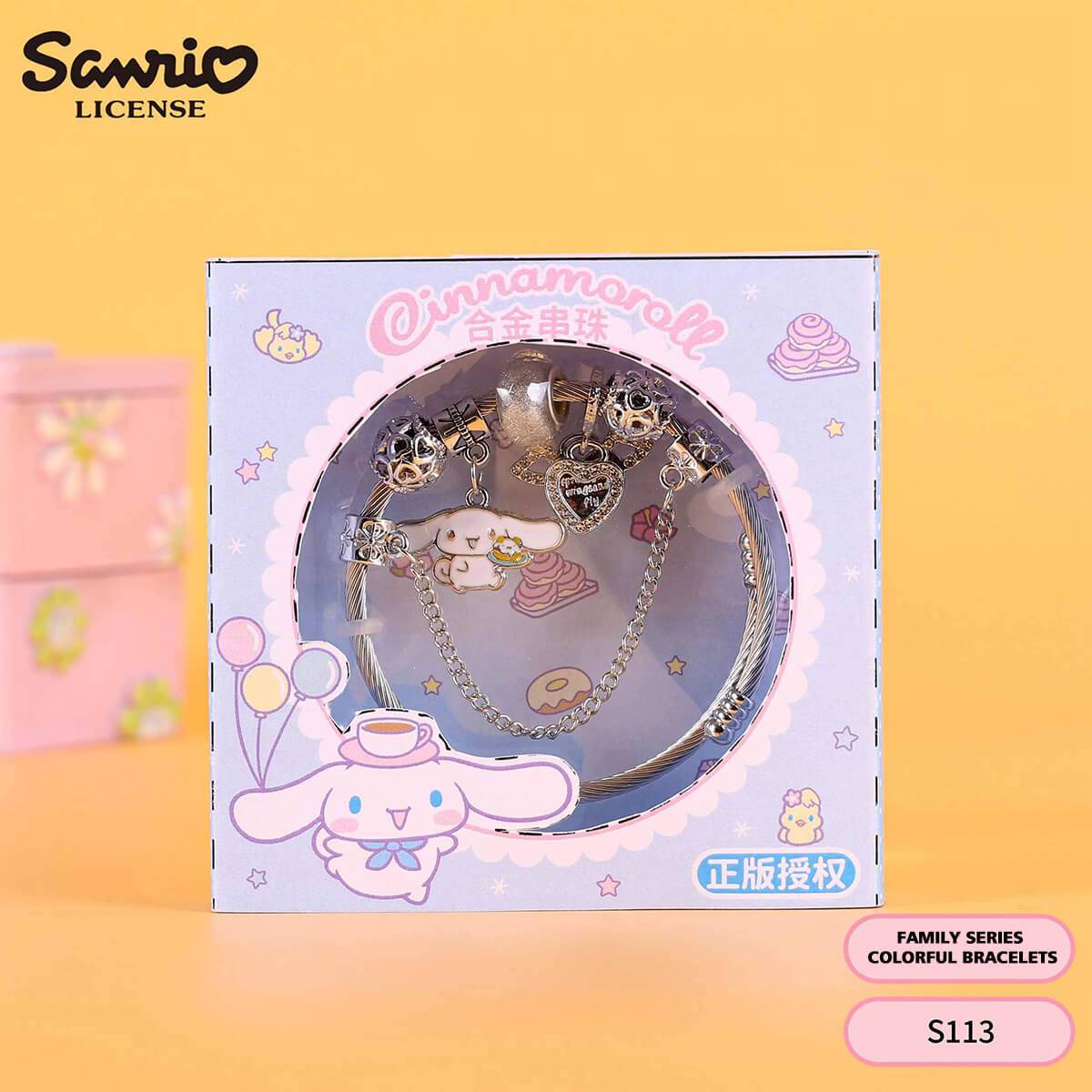 S113 Sanrio Cute Anime Alloy Charm Bracelet featuring Cinnamoroll design in a pastel-themed box. A delightful gift for anime and Sanrio lovers.