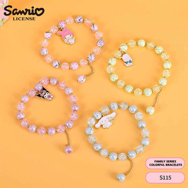 Set of four Sanrio Cute Anime Snowflake Beaded Bracelets featuring My Melody, Kuromi, Cinnamoroll, and Pochacco. Colorful and charming accessories.