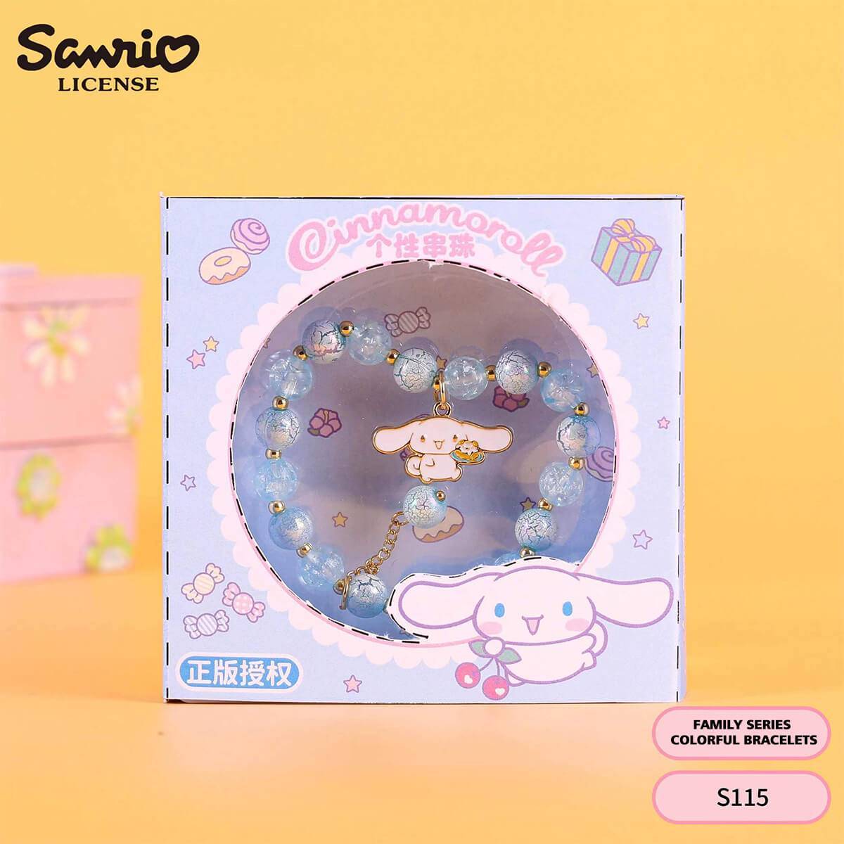 S115 Sanrio Cute Anime Snowflake Beaded Bracelet featuring Cinnamoroll in a decorative box. Adorable blue-themed jewelry perfect for gifting.