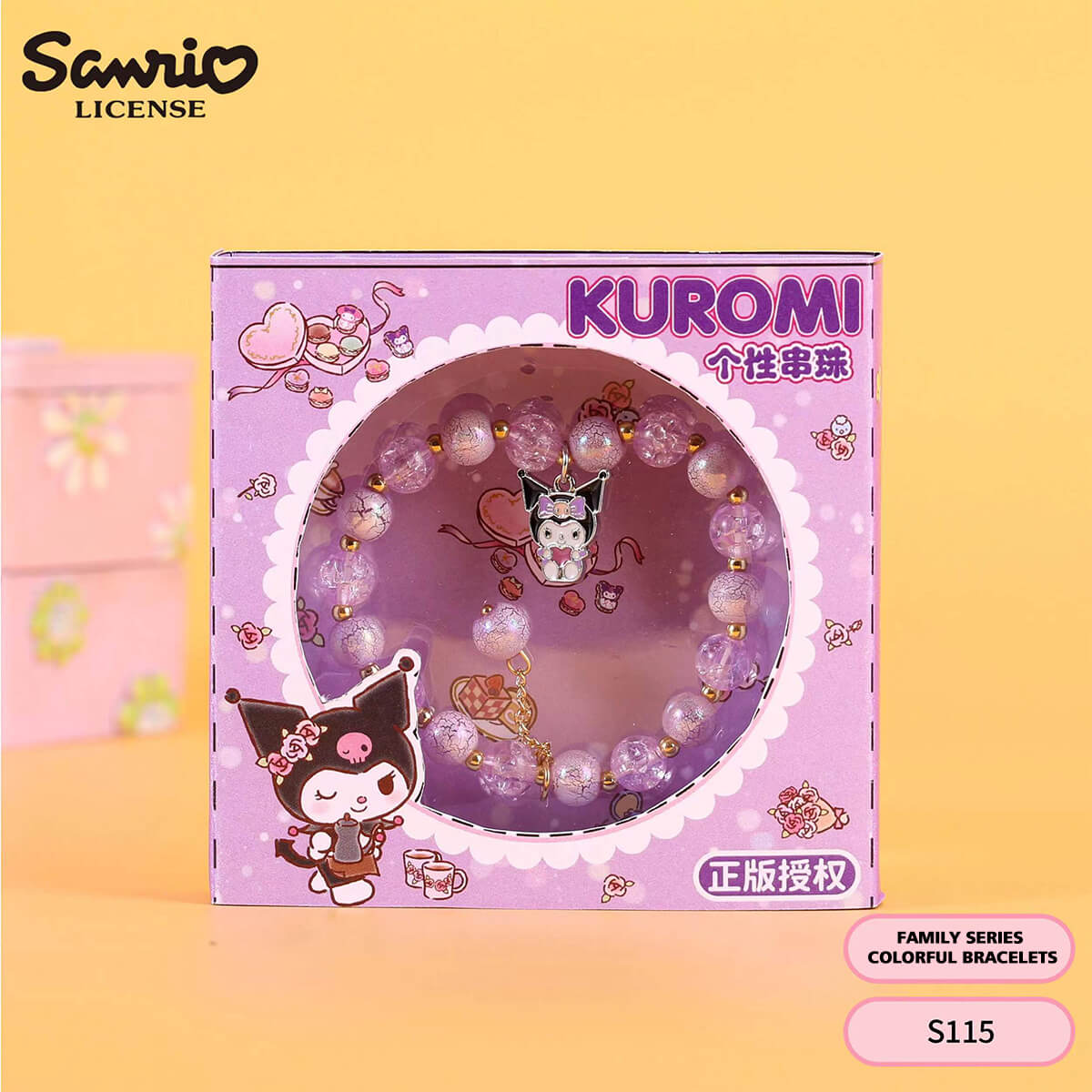 S115 Sanrio Cute Anime Snowflake Beaded Bracelet featuring Kuromi in a stylish purple-themed packaging. A perfect collectible jewelry piece.