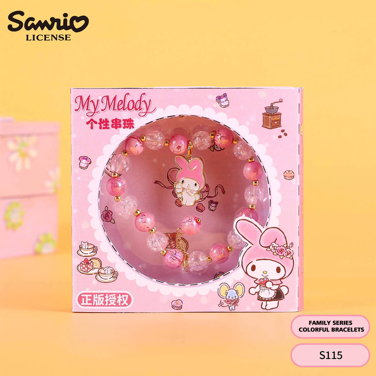 S115 Sanrio Cute Anime Snowflake Beaded Bracelet featuring My Melody in pink packaging. A charming and elegant accessory for Sanrio fans.