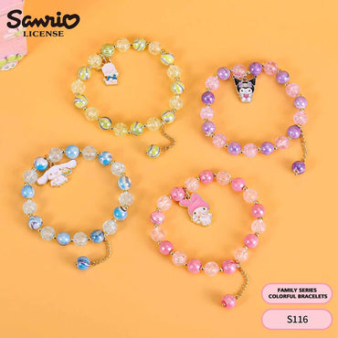 Set of four Sanrio-themed rainbow beaded bracelets featuring My Melody, Kuromi, Cinnamoroll, and Pochacco charms. Colorful and stylish anime jewelry.