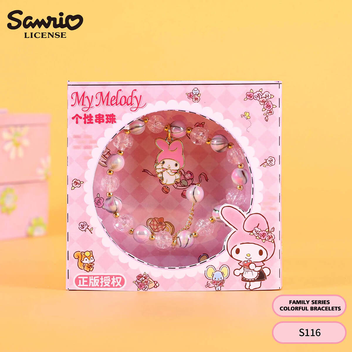 S116 Sanrio My Melody rainbow beaded bracelet in pink packaging with pearl-like beads and a My Melody charm. A cute anime jewelry piece for fans.