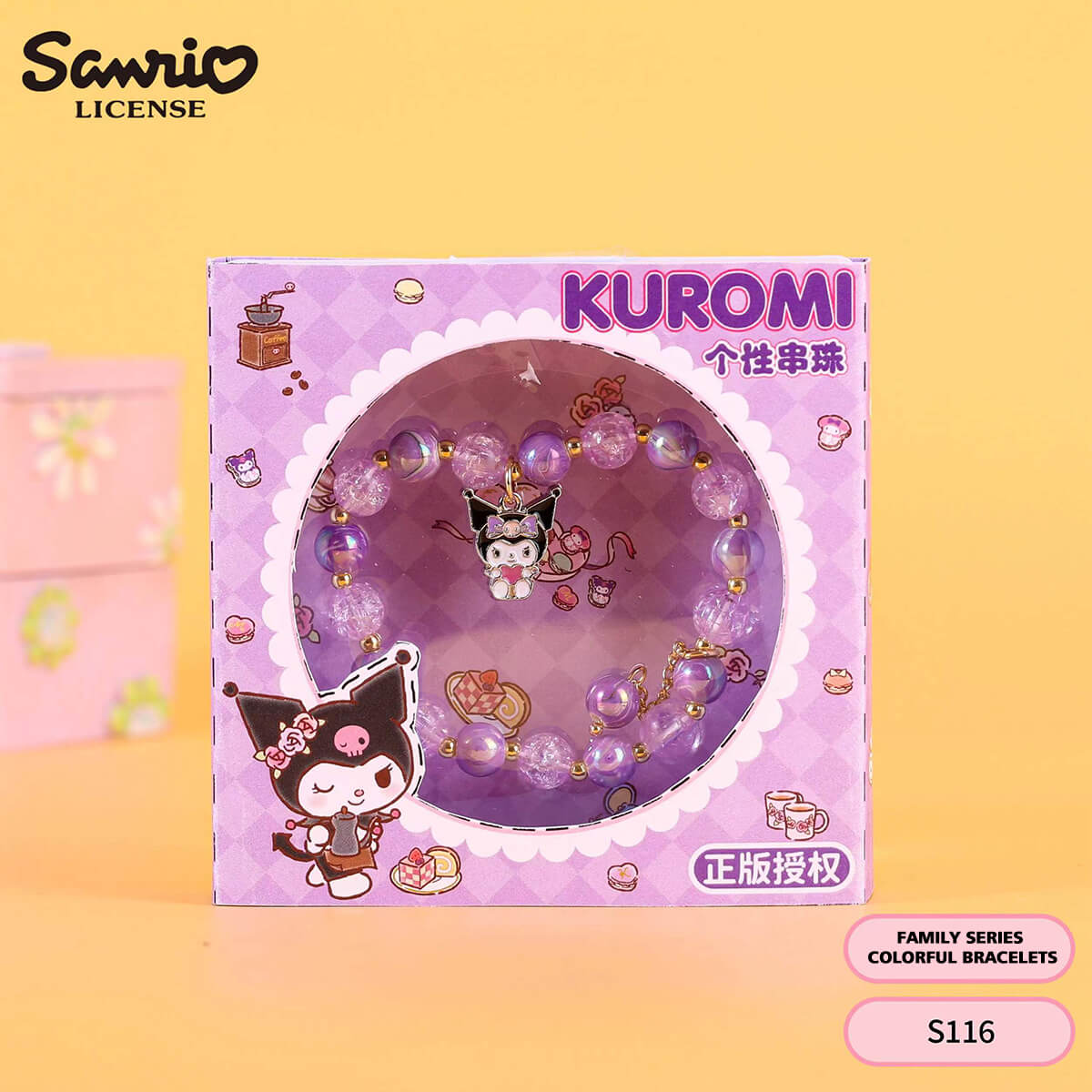 S116 Sanrio Kuromi rainbow beaded bracelet in purple packaging with decorative beads and a Kuromi charm. A stylish and playful anime jewelry piece.