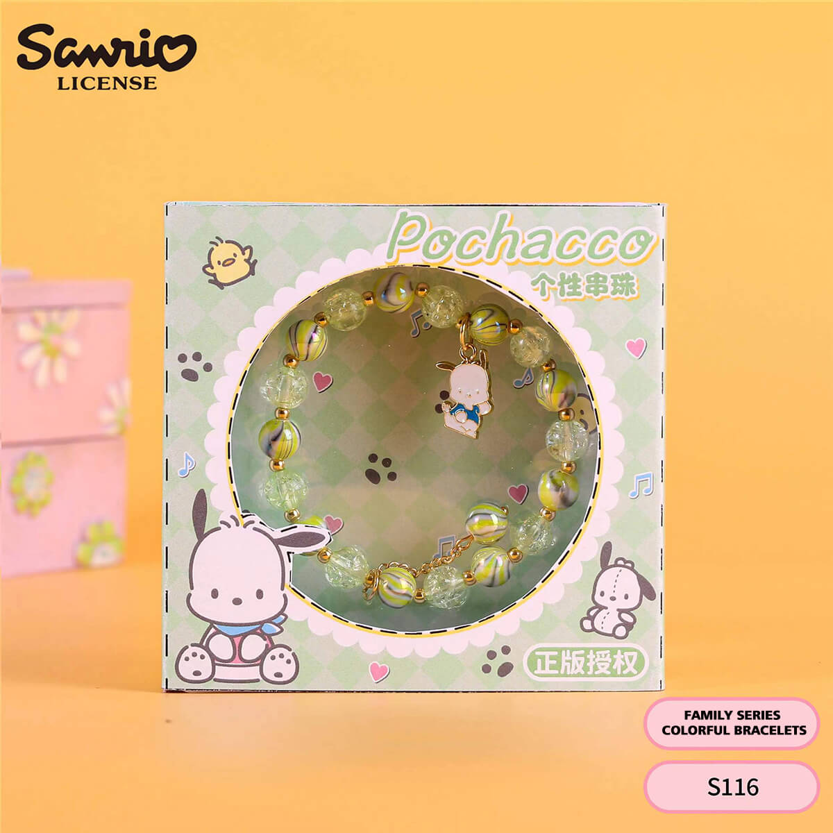 S116 Sanrio Pochacco rainbow beaded bracelet in green packaging with colorful beads and a Pochacco charm. A fun and adorable anime-themed accessory.