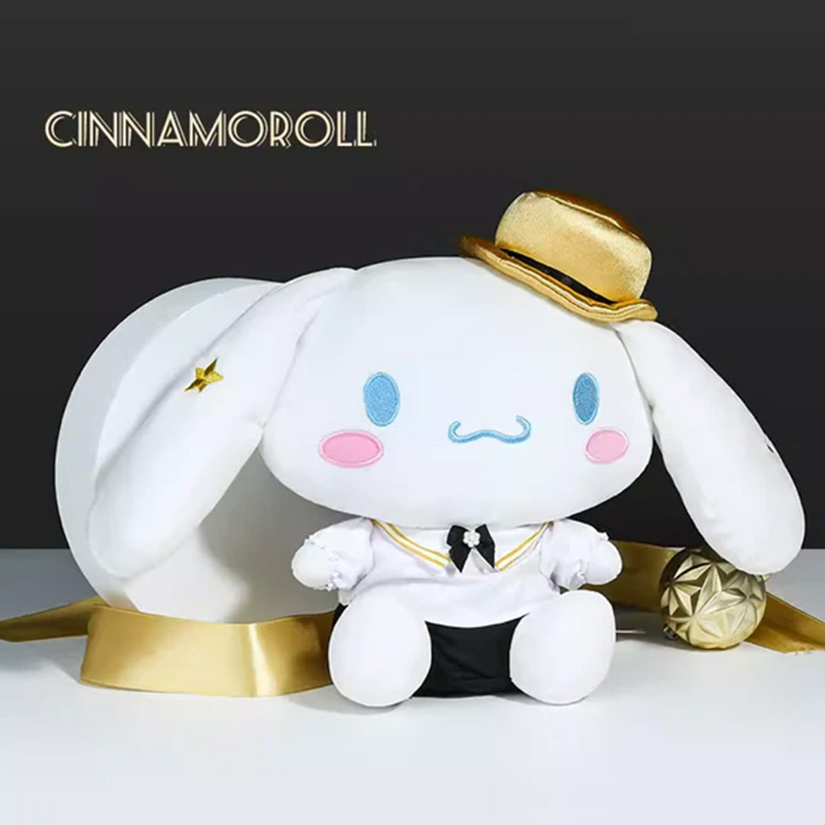 Sanrio Black Gold Series Cinnamoroll Plush Toy 23cm featuring a stylish gold hat and elegant outfit, perfect for collectors and anime fans.