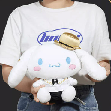 Soft and cuddly Sanrio Black Gold Series Cinnamoroll Plush Toy 23cm held in hands, showcasing its adorable design and premium craftsmanship.