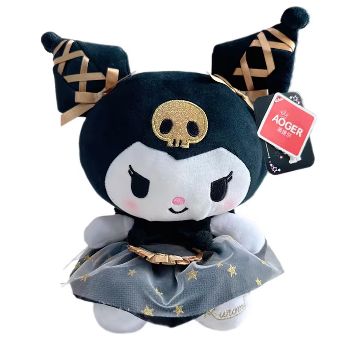 Sanrio Black Gold Series Kuromi Plush Toy 23cm featuring a soft black and white design with gold accents, a skull emblem, and a starry skirt.