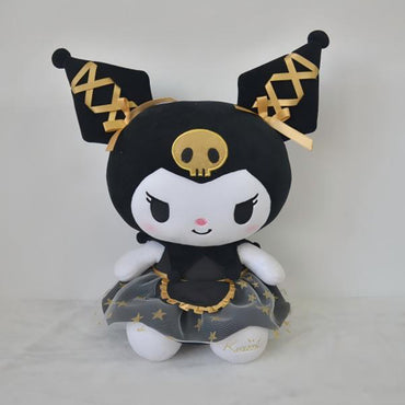 Kuromi plush toy from the Sanrio Black Gold Series, 23cm in size, dressed in a black and gold outfit with intricate ribbon details on the ears.