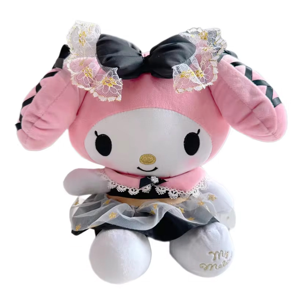 Sanrio Black Gold Series My Melody plush toy 23cm with pink and black design, lace details, and embroidered accents. A soft collectible for fans.