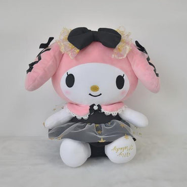 Cute My Melody plush toy from Sanrio's Black Gold Series, featuring a stylish black bow and lace-trimmed dress. Perfect for collectors and gifts.