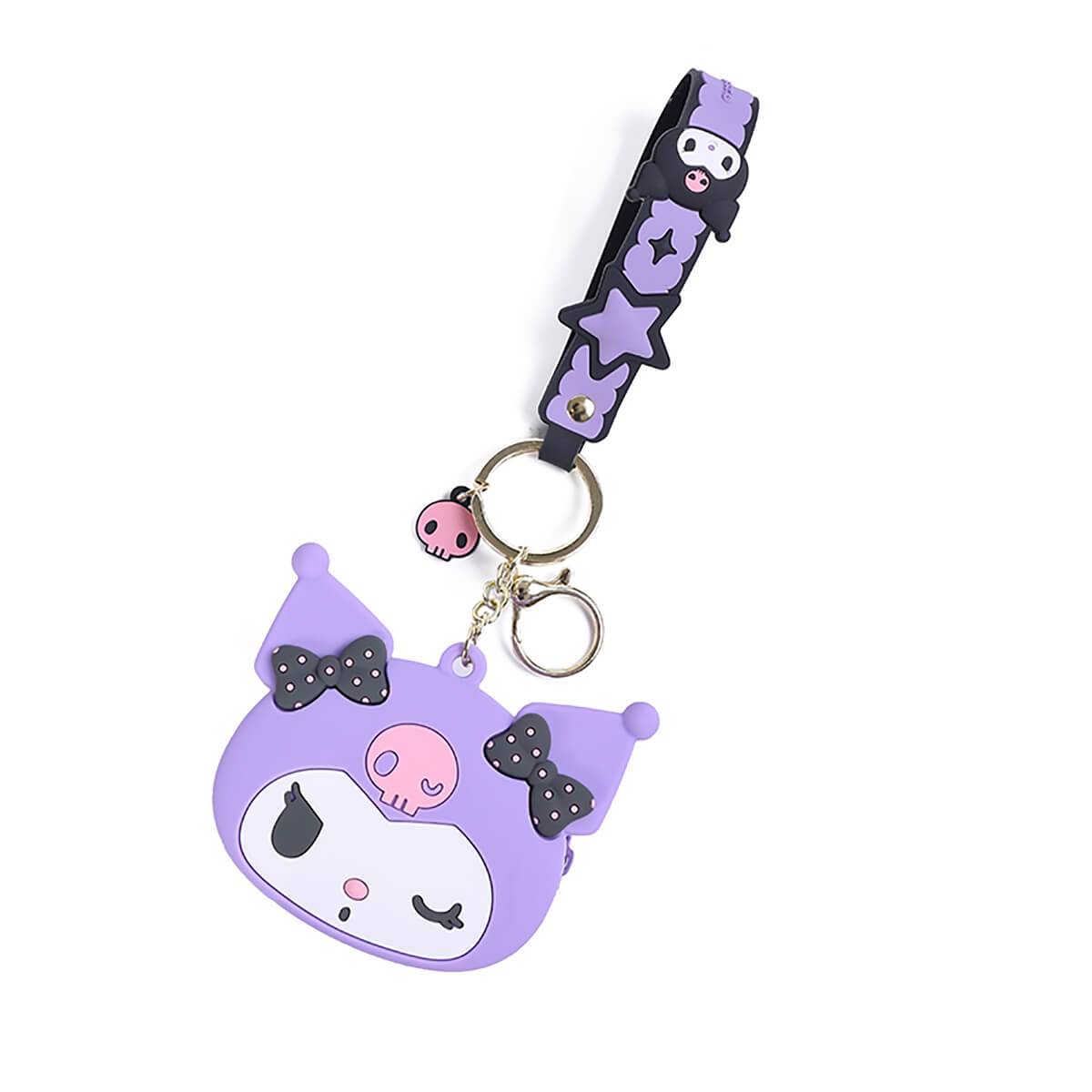 Purple Kuromi Sanrio Cartoon Silicone Coin Purse Keychain with a matching strap and keyring. A stylish and functional accessory for fans.