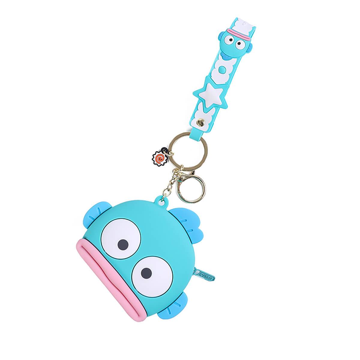 Blue fish-shaped Sanrio Cartoon Silicone Coin Purse Keychain with a matching strap and keyring. Cute and practical accessory for kids and fans.