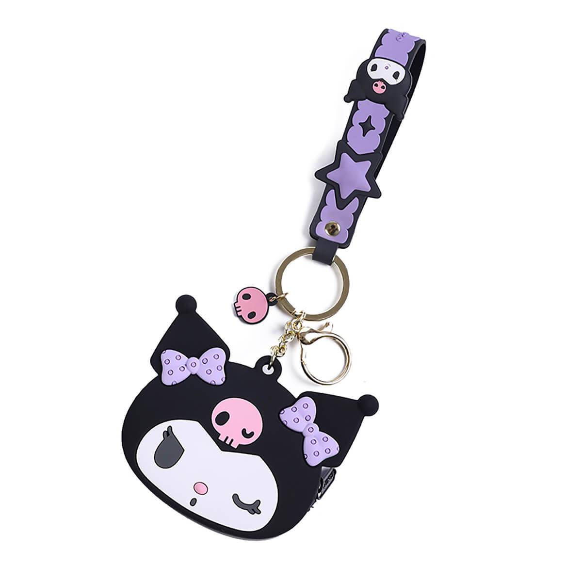 Black Kuromi Sanrio Cartoon Silicone Coin Purse Keychain with a matching strap and keyring. A trendy and practical gift for Sanrio lovers.