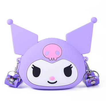 Purple Sanrio Cartoon Silicone Mini Crossbody Bag featuring Kuromi design with signature skull and detachable strap.