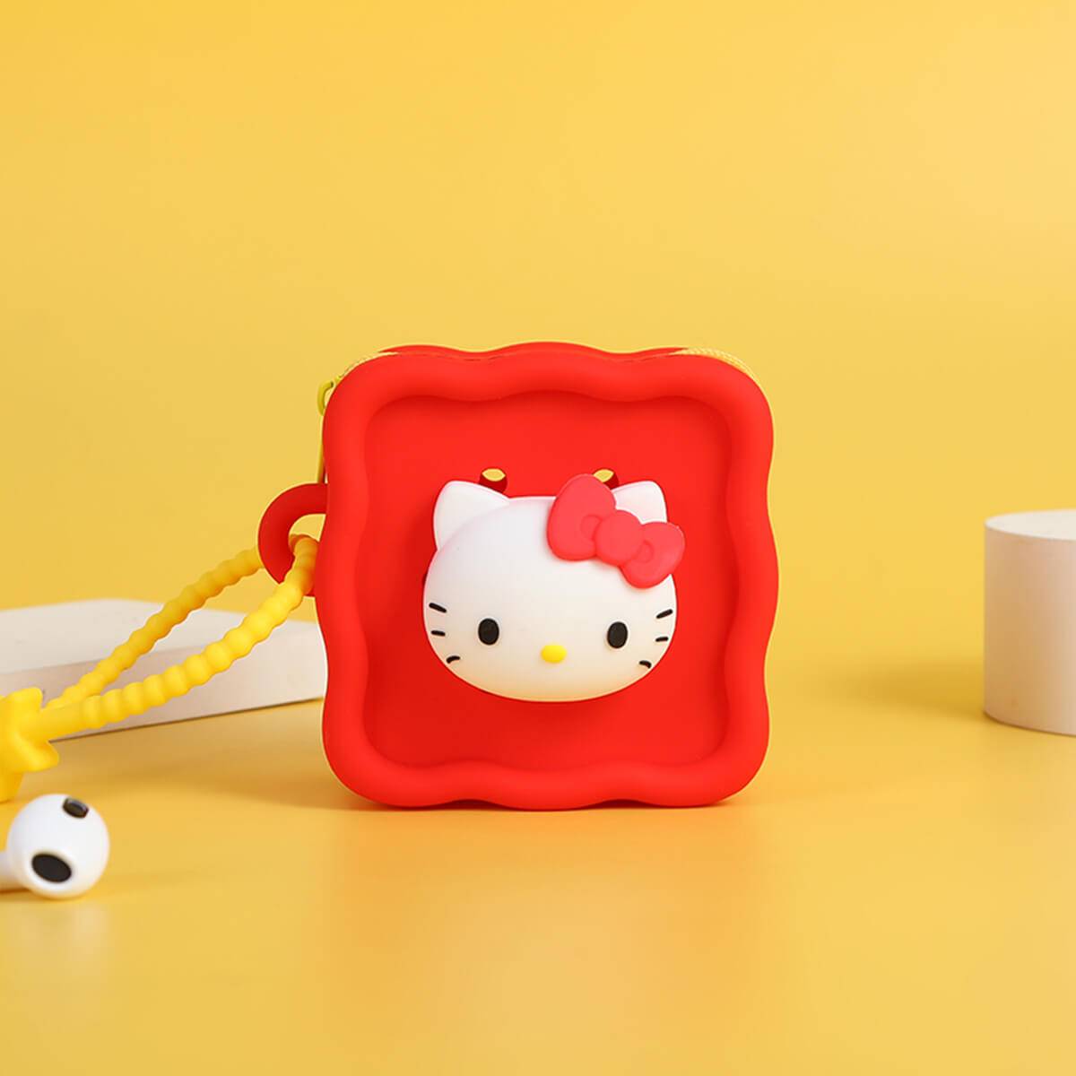 Sanrio Cartoon Silicone Mini Pouch featuring Hello Kitty in a red square design with a 3D character. Perfect for storing coins, AirPods, and small items.