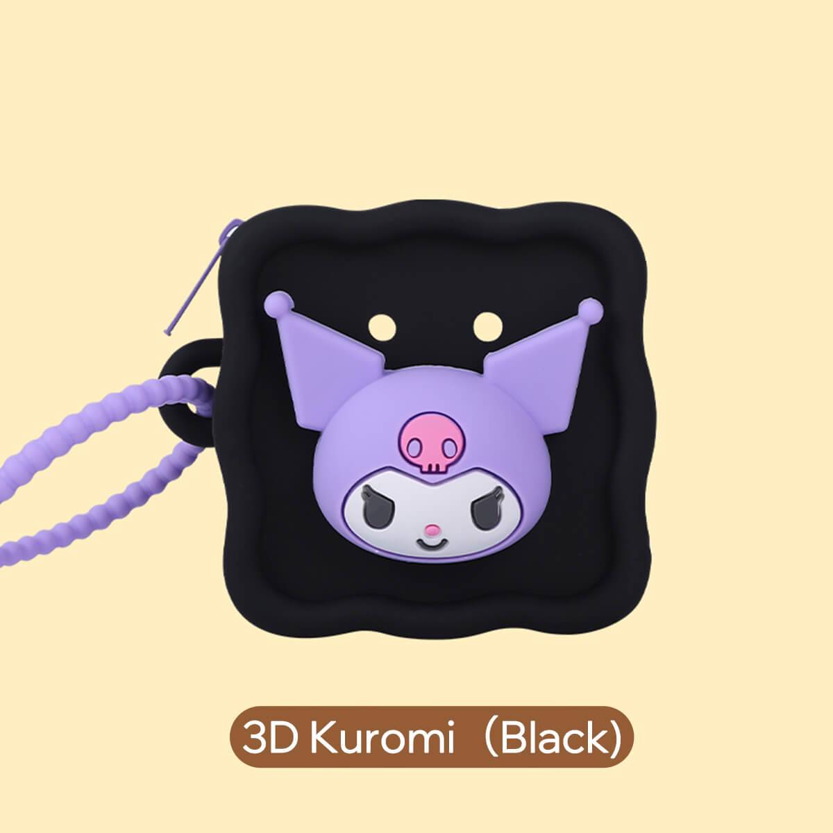 3D Kuromi Sanrio Cartoon Silicone Mini Pouch in black with a purple character design. Ideal for carrying small accessories and coins.