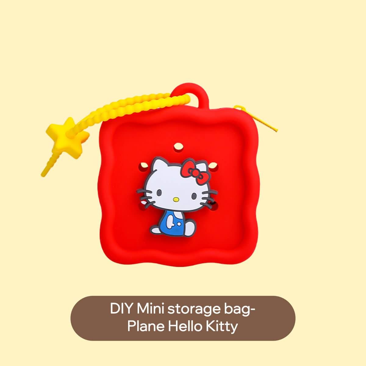 DIY Mini Storage Bag featuring Plane Hello Kitty in a red silicone pouch. A cute and functional accessory for storing small essentials.