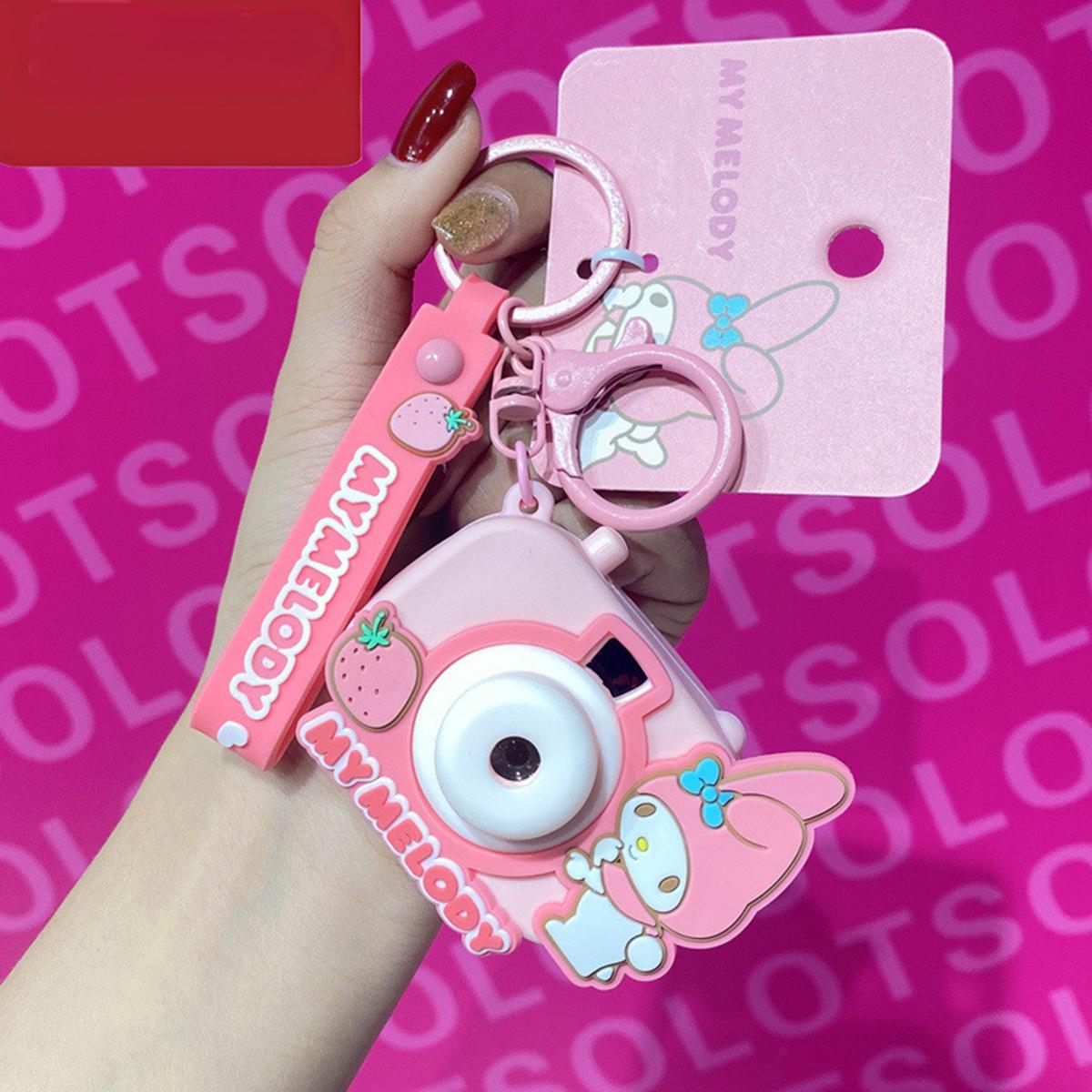 Pink My Melody Sanrio Characters Cute Camera Pendant Keychain featuring a projector light and strawberry details.