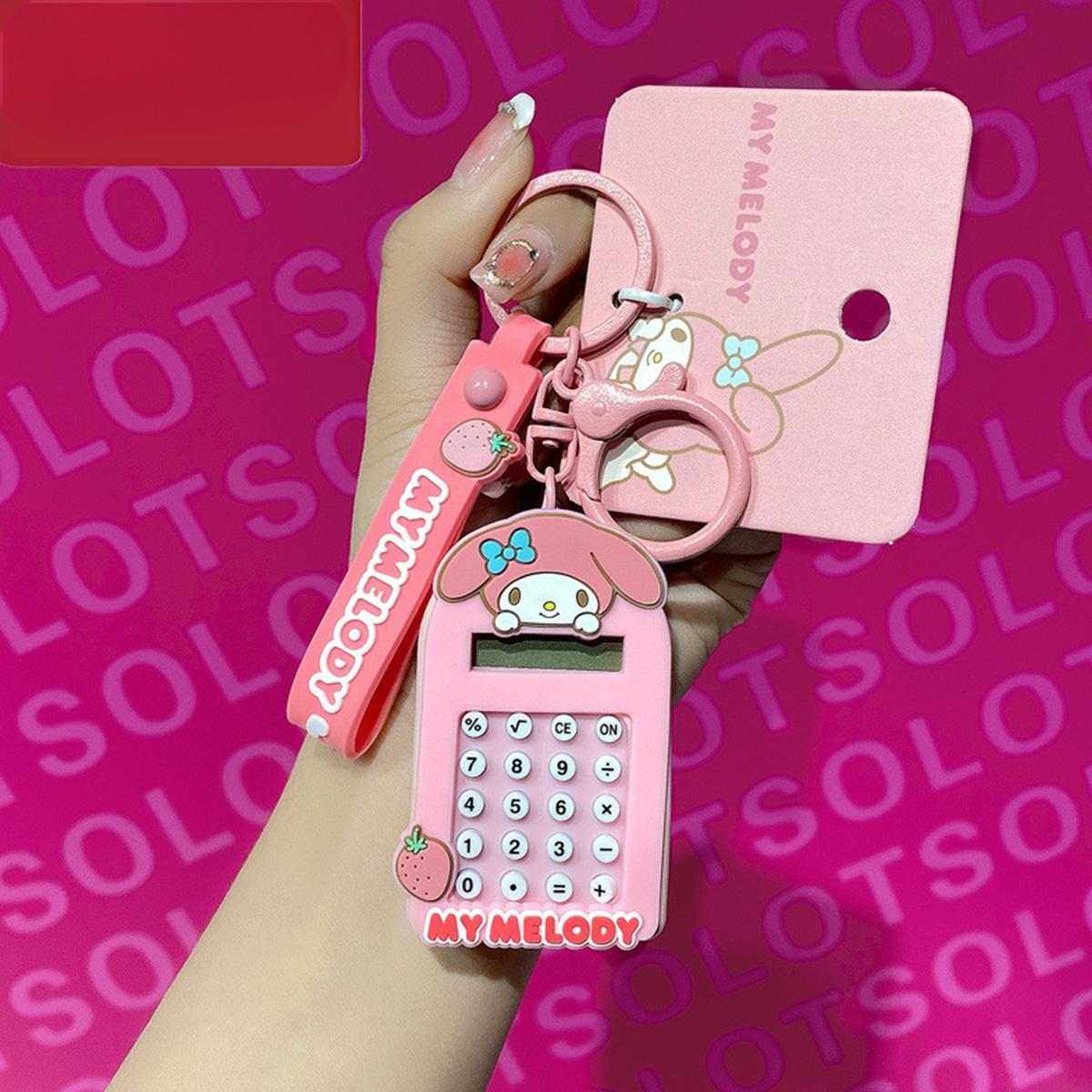 Pink My Melody Sanrio Characters Cute Cartoon Calculator Keychain with a mini functional calculator and keyring attachment.