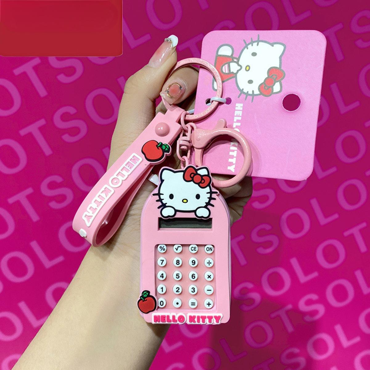 Pink Hello Kitty Sanrio Characters Cute Cartoon Calculator Keychain with a mini calculator and keychain clip.