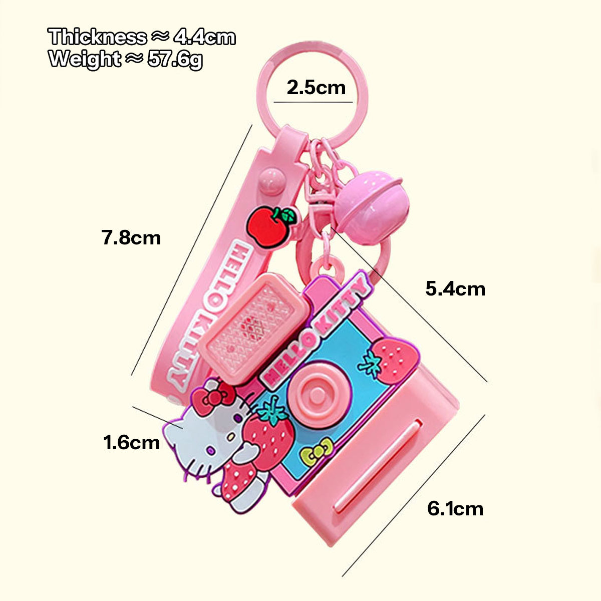 Size dimensions of the Hello Kitty Sanrio Characters Polaroid Camera Keychain, highlighting its compact design and lightweight build for easy carrying.