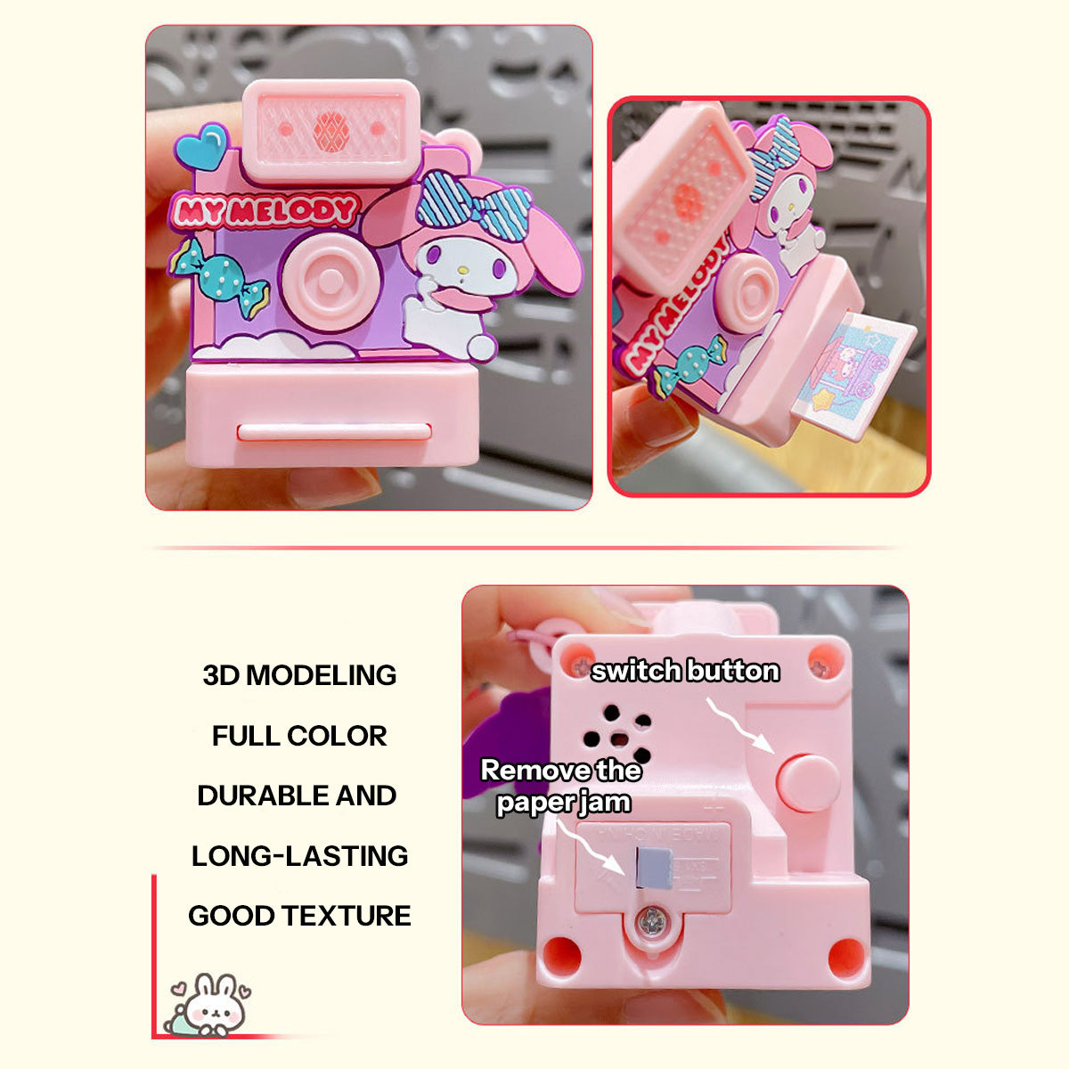 Close-up of My Melody Sanrio Characters Polaroid Camera Keychain showcasing 3D modeling, durable texture, and functional button for a fun experience.