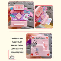 Close-up of My Melody Sanrio Characters Polaroid Camera Keychain showcasing 3D modeling, durable texture, and functional button for a fun experience.