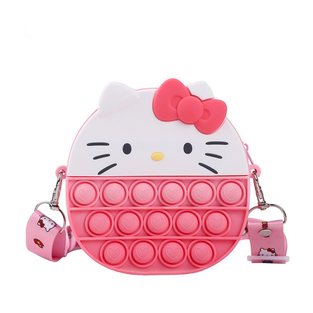 Hello Kitty-themed Sanrio Characters Pop It Bag with Strap in pink, featuring a bubble-popping surface. A charming and stress-relieving accessory.