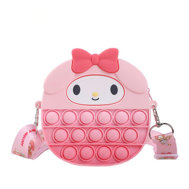 My Melody-themed Sanrio Characters Pop It Bag with Strap in pink, designed with heart-shaped pop bubbles. A cute and practical fidget toy for fans.