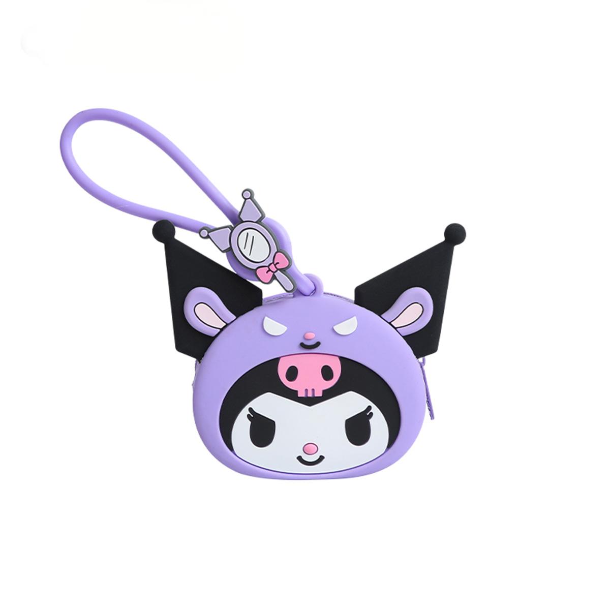 Sanrio Characters Silicone Coin Purse featuring a purple Kuromi design with black ears and a pig skull accent. Ideal for kids and anime fans.