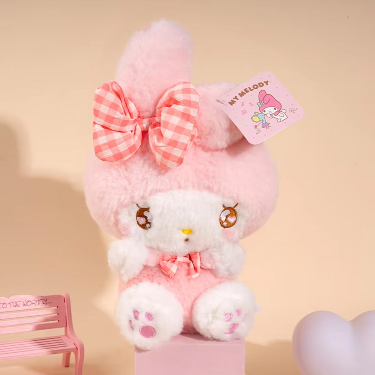 Sanrio Cute Justice Series My Melody plush keychain 10cm, featuring soft pink fur, a gingham bow, and adorable embroidered details.